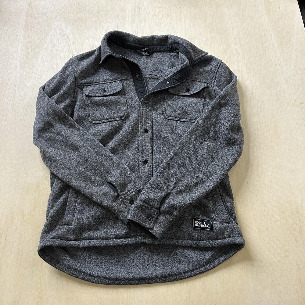 Eddie Bauer Jacket Mens Small Gray Fleece Snap Front Shirt Bomber Outdoor‎ Warm
